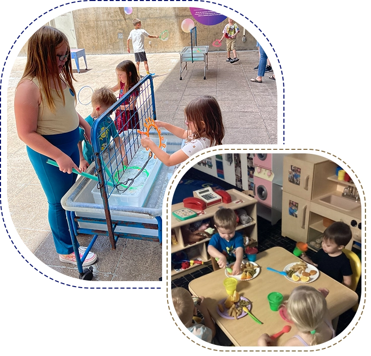 A woman and two children playing with toys.